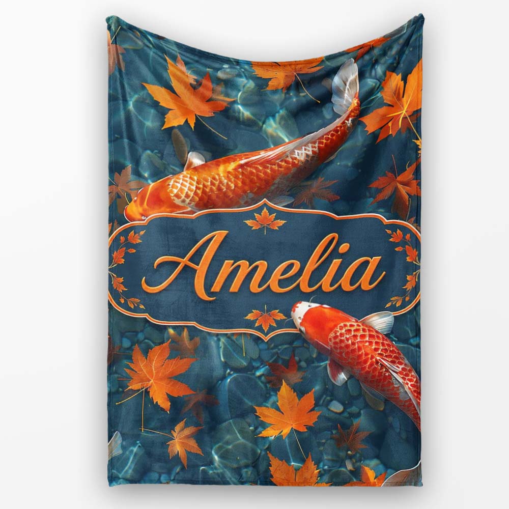Koi Fish in Clear Blue Water with Autumn Leaves Pattern Nature  Personalised Custom Name Super Soft Fleece Blanket Bed Sofa Throw
