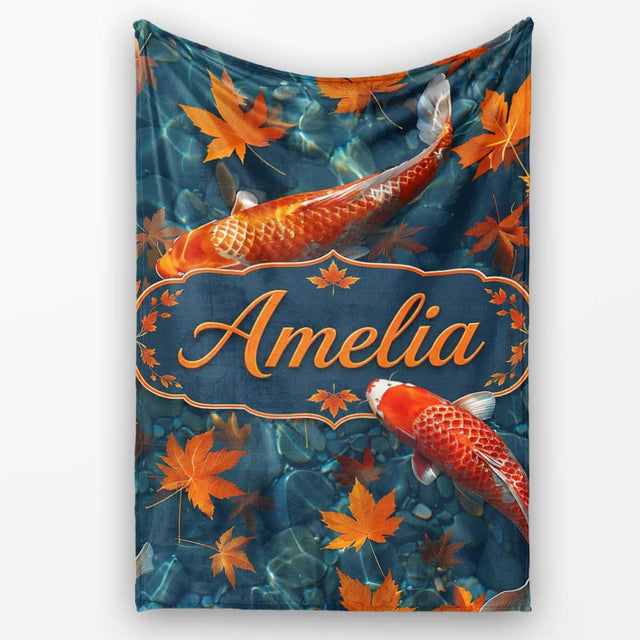 Koi Fish in Clear Blue Water with Autumn Leaves Pattern Nature  Personalised Custom Name Super Soft Fleece Blanket Bed Sofa Throw