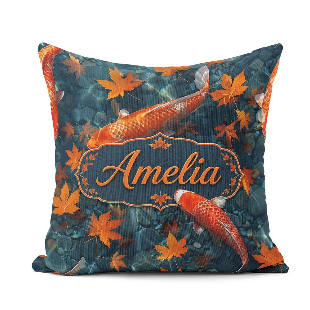 Custom Name Koi Fish Clear Blue Water with Autumn Leaves Pattern Square Filled Cushion Throw Pillow Sofa Bed Home Decor Zip Washable UK Made