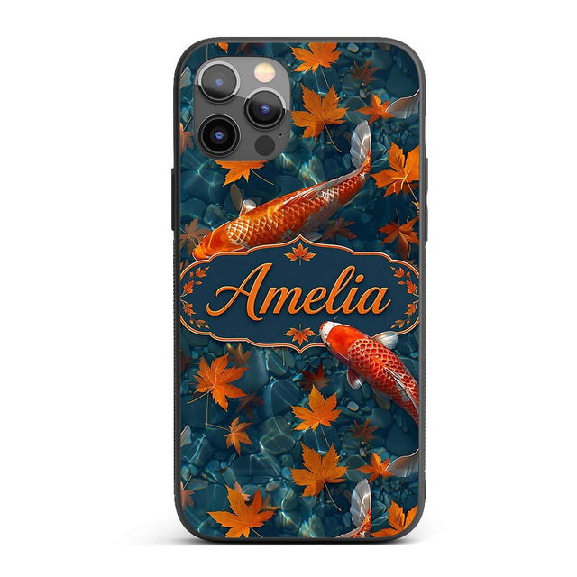 Koi Fish in Clear Blue Water with Autumn Leaves Custom Name Protective Phone Case Mobile Cover Durable Everyday Smartphone Shock Resistant