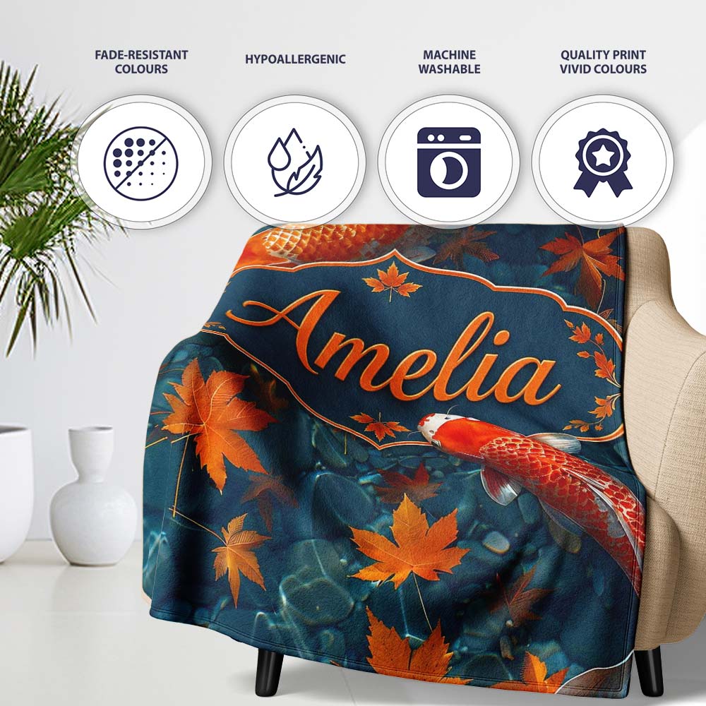 Koi Fish in Clear Blue Water with Autumn Leaves Pattern Nature  Personalised Custom Name Super Soft Fleece Blanket Bed Sofa Throw