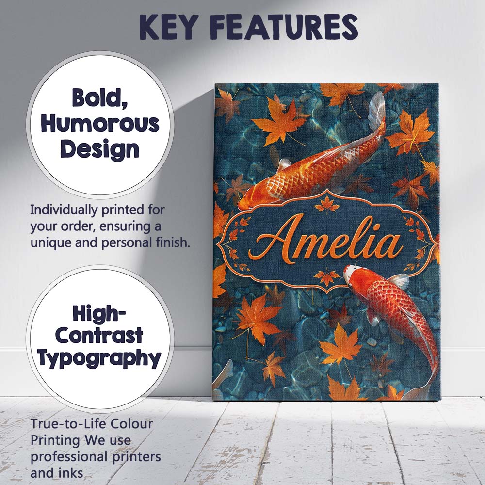 Personalised Name Koi Fish in Clear Blue Custom  Unique Gift Idea Elegant Feature Canvas Wall Art Print Decor Picture Ready to Hang