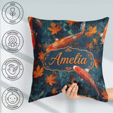 Custom Name Koi Fish Clear Blue Water with Autumn Leaves Pattern Square Filled Cushion Throw Pillow Sofa Bed Home Decor Zip Washable UK Made