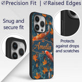 Koi Fish in Clear Blue Water with Autumn Leaves Custom Name Protective Phone Case Mobile Cover Durable Everyday Smartphone Shock Resistant