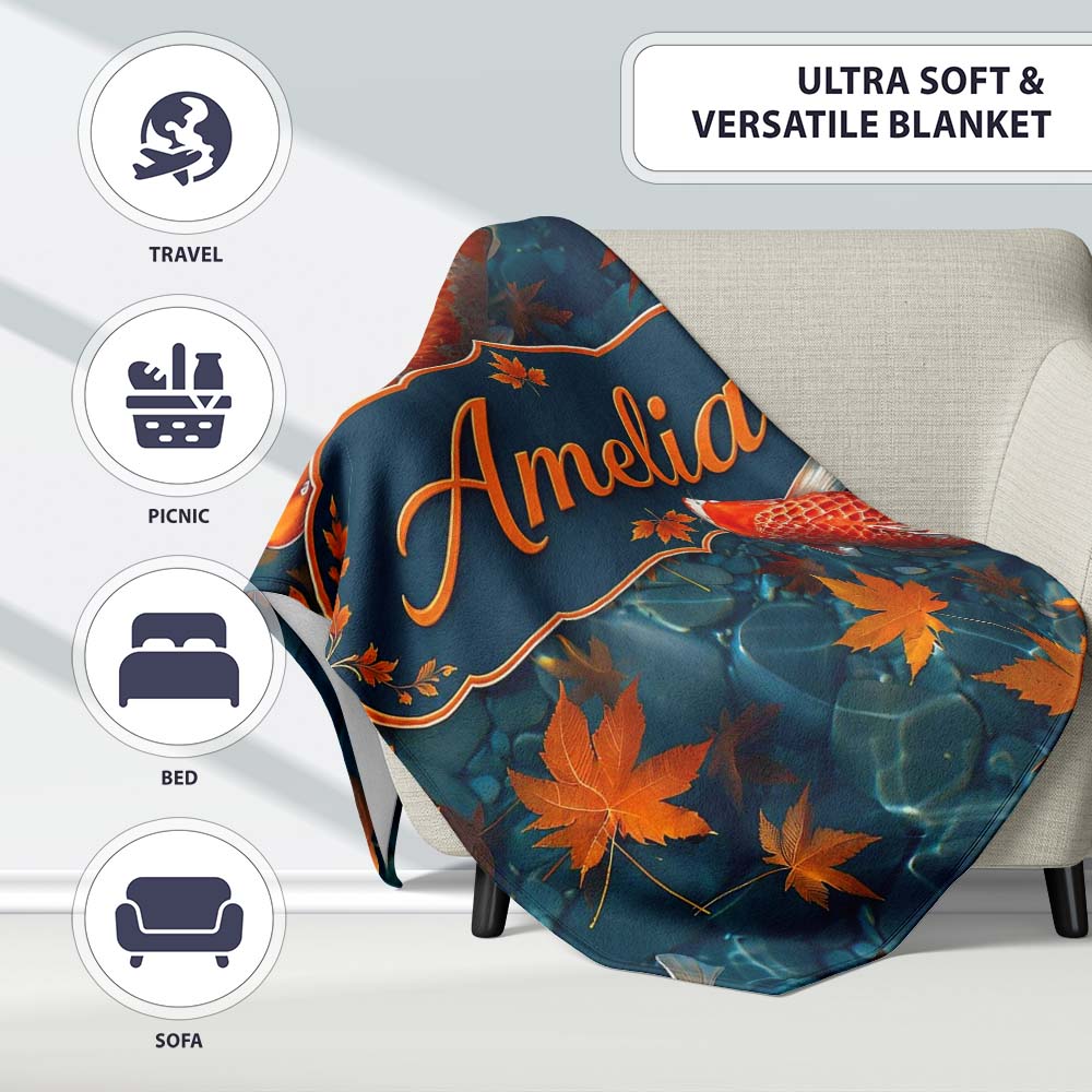 Koi Fish in Clear Blue Water with Autumn Leaves Pattern Nature  Personalised Custom Name Super Soft Fleece Blanket Bed Sofa Throw