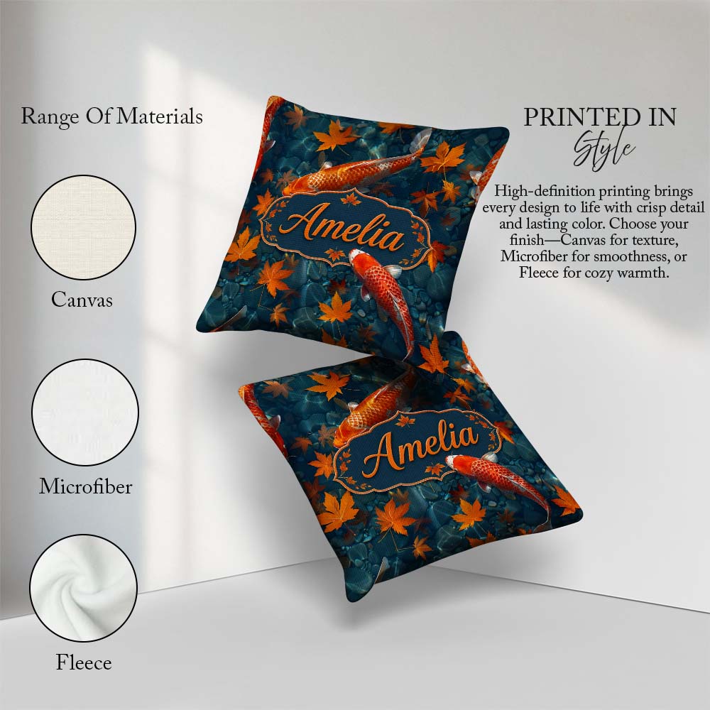 Custom Name Koi Fish Clear Blue Water with Autumn Leaves Pattern Square Filled Cushion Throw Pillow Sofa Bed Home Decor Zip Washable UK Made