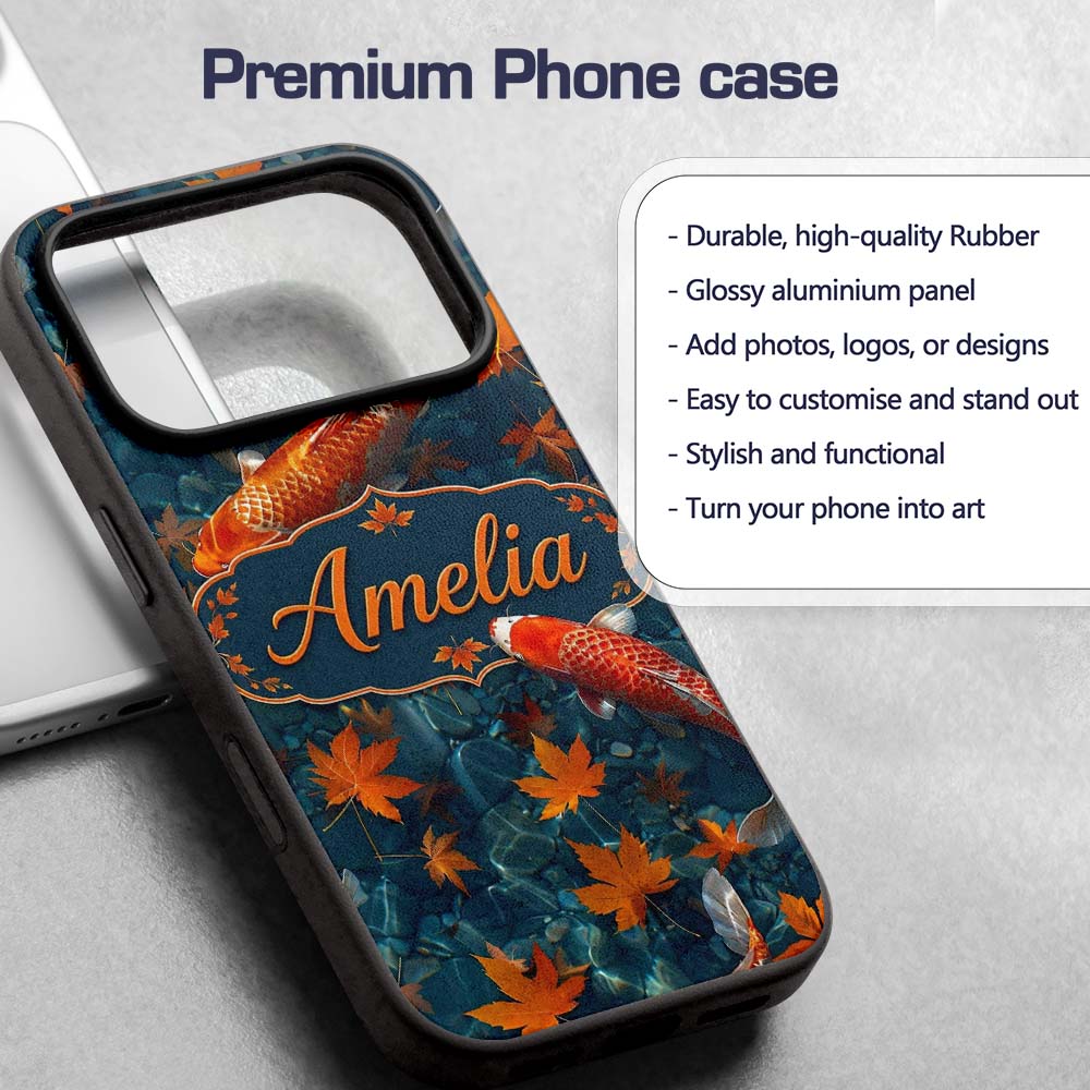 Koi Fish in Clear Blue Water with Autumn Leaves Custom Name Protective Phone Case Mobile Cover Durable Everyday Smartphone Shock Resistant