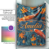 Koi Fish in Clear Blue Water with Autumn Leaves Pattern Nature  Personalised Custom Name Super Soft Fleece Blanket Bed Sofa Throw