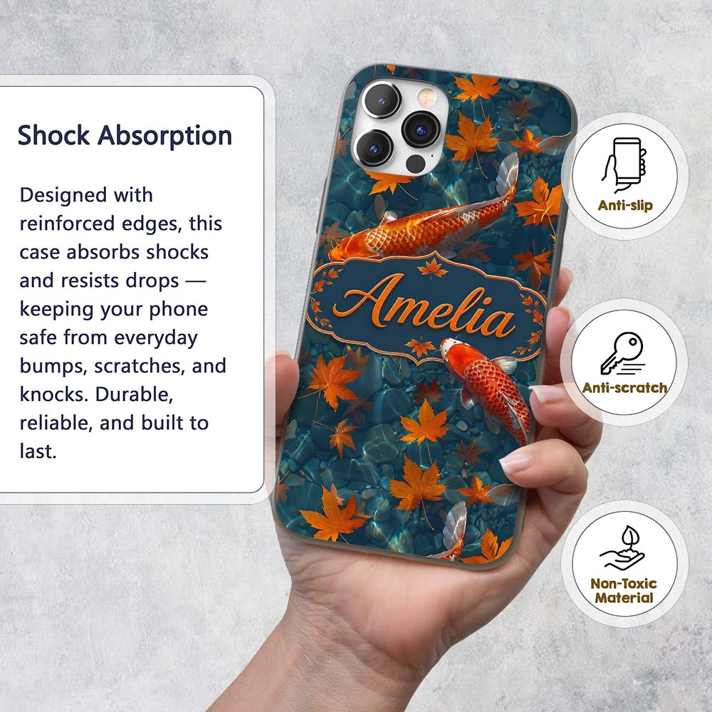 Koi Fish in Clear Blue Water with Autumn Leaves Custom Name Protective Phone Case Mobile Cover Durable Everyday Smartphone Shock Resistant