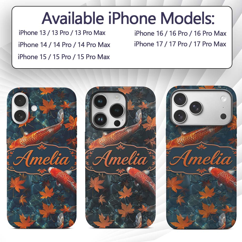 Koi Fish in Clear Blue Water with Autumn Leaves Custom Name Protective Phone Case Mobile Cover Durable Everyday Smartphone Shock Resistant