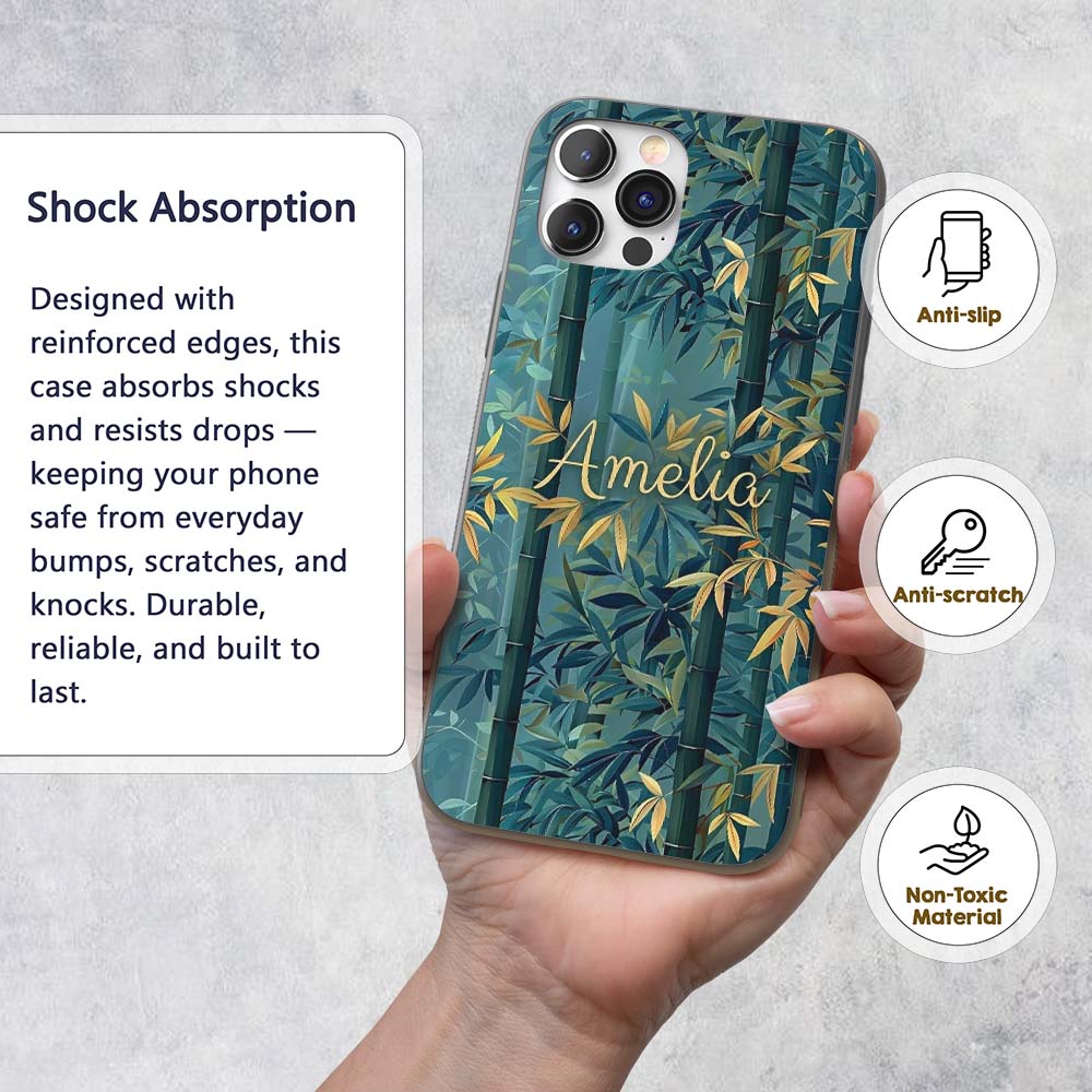 Serene Bamboo Forest with Soft Mist Pattern Asian Custom Name Protective Phone Case Mobile Cover Durable Everyday Smartphone Shock Resistant