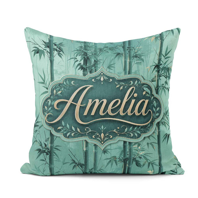 Custom Name Elegant Bamboo Stalks and Leaves Pattern Calm Green Square Filled Cushion Throw Pillow Sofa Bed Home Decor Zip Washable UK Made