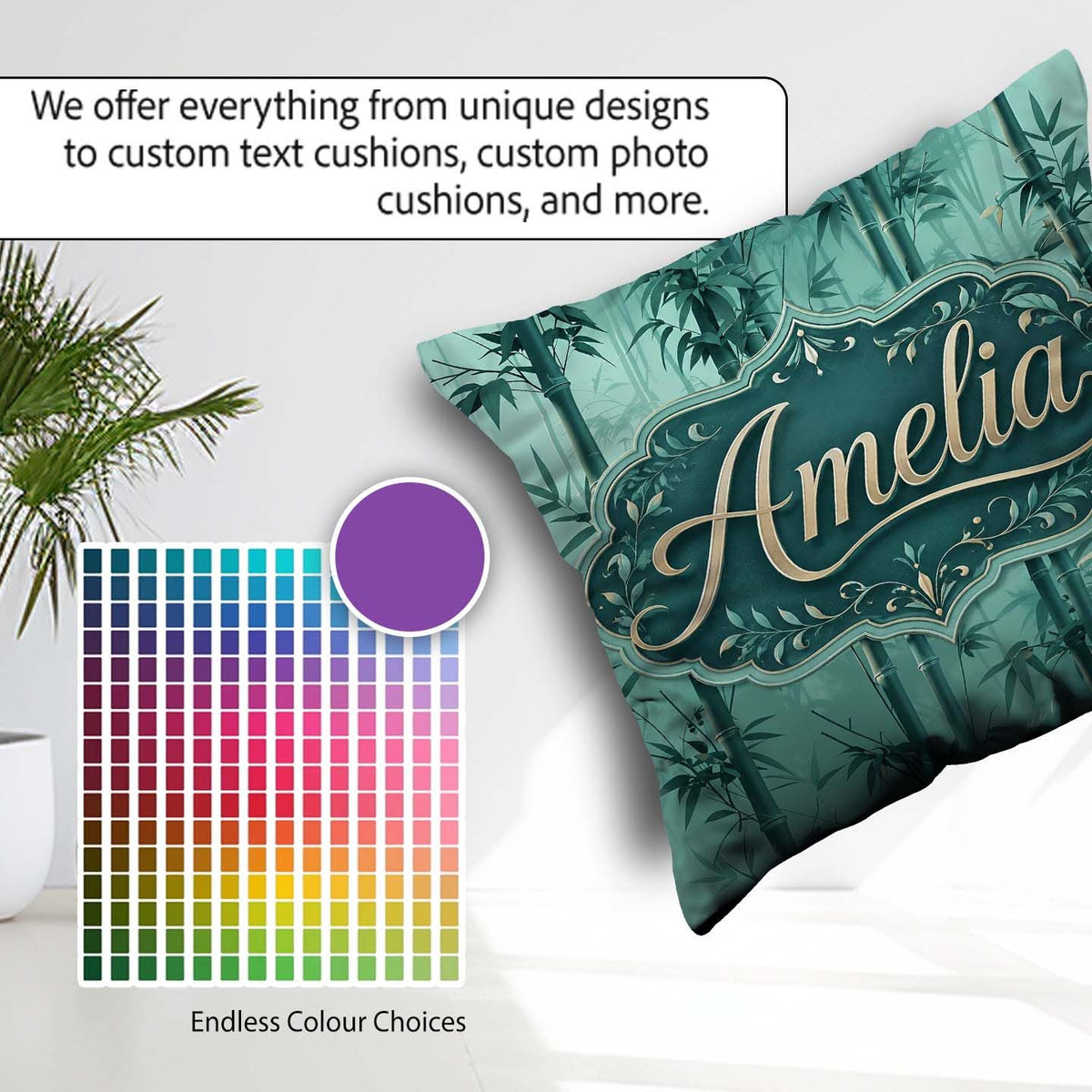 Custom Name Elegant Bamboo Stalks and Leaves Pattern Calm Green Square Filled Cushion Throw Pillow Sofa Bed Home Decor Zip Washable UK Made