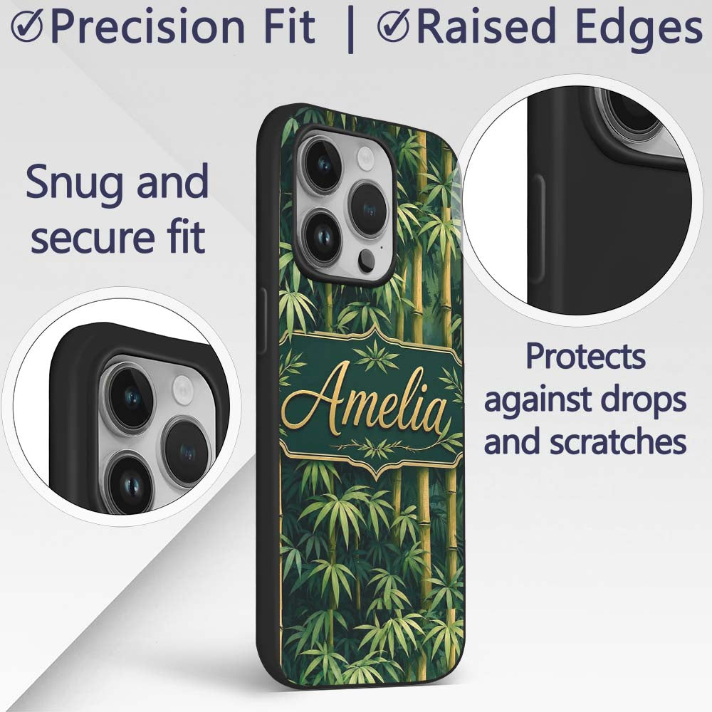 Dense Bamboo Jungle Leaves Seamless Pattern Lush Custom Name Protective Phone Case Mobile Cover Durable Everyday Smartphone Shock Resistant