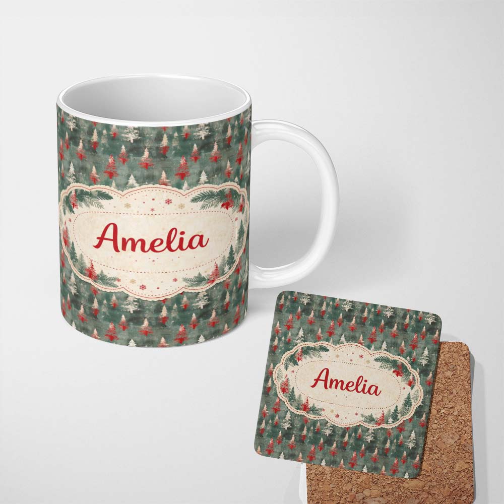 Personalized Custom Name Abstract Watercolor Christmas Trees Green Artistic Seamless Pattern 11oz Ceramic Coffee Tea Mug White Large Handle