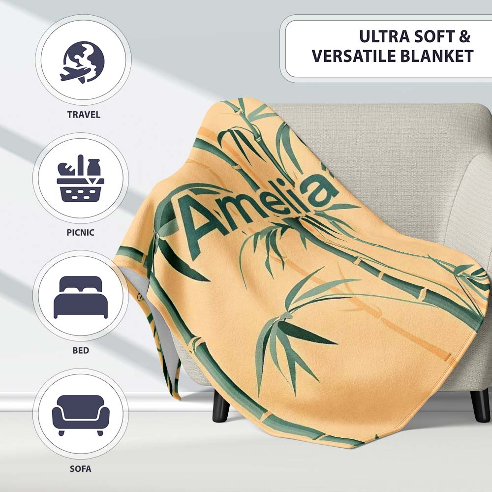 Elegant Bamboo Stalks on Warm Beige Background Asian Botanical  Personalised Custom Name Super Soft Fleece Blanket Bed Sofa Throw