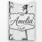 Minimalist Black Bamboo with Soft Mist Background Japanese Ink Style  Personalised Custom Name Super Soft Fleece Blanket Bed Sofa Throw