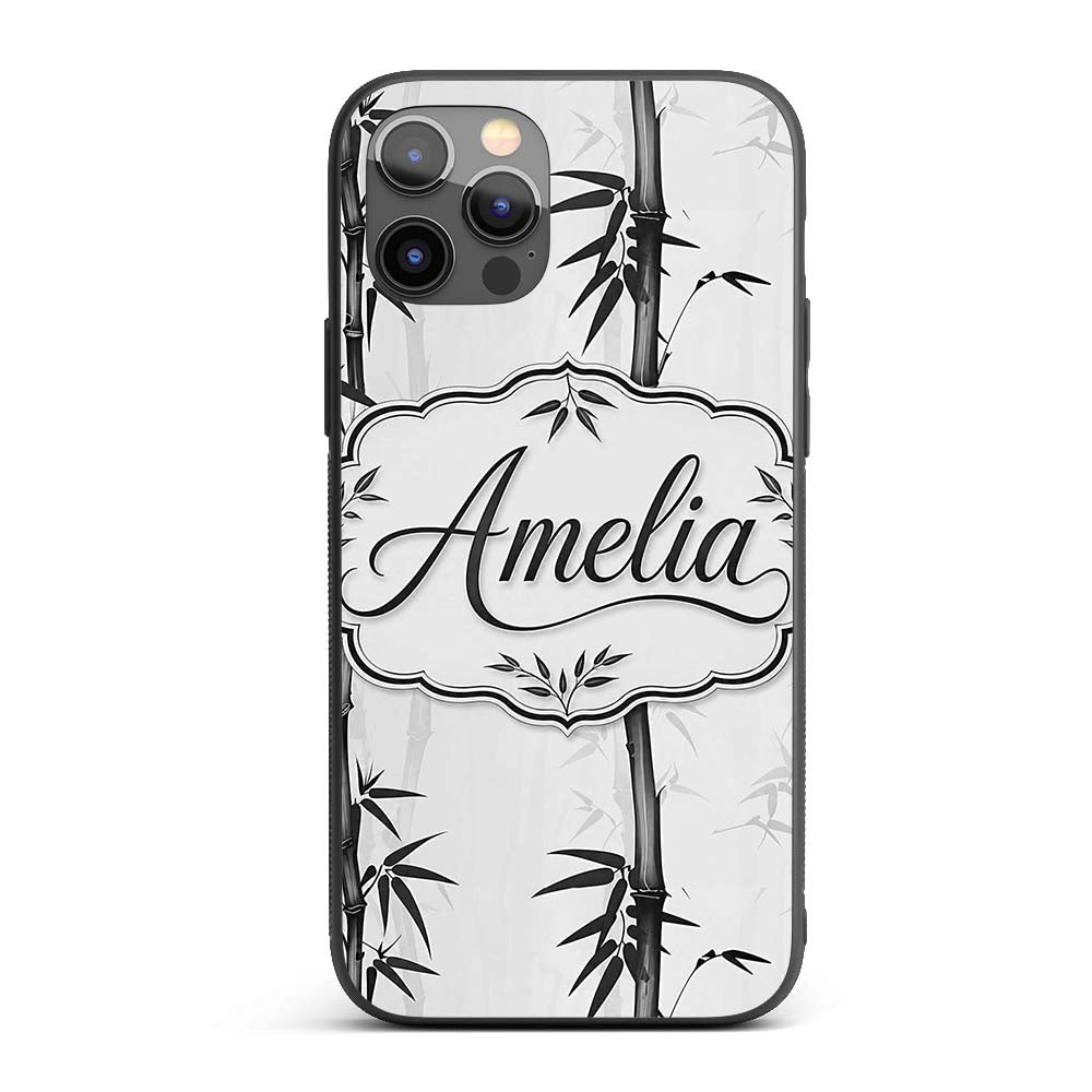 Minimalist Black Bamboo with Soft Mist Background Custom Name Protective Phone Case Mobile Cover Durable Everyday Smartphone Shock Resistant