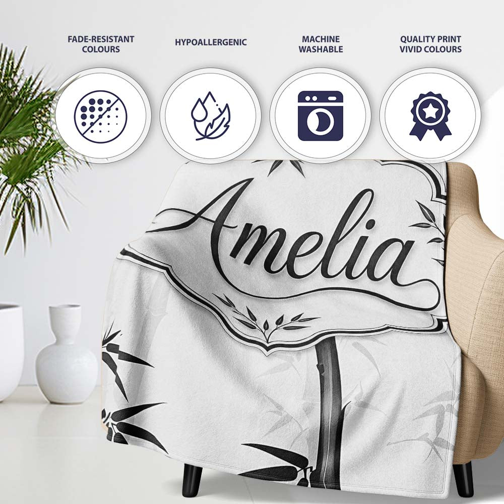 Minimalist Black Bamboo with Soft Mist Background Japanese Ink Style  Personalised Custom Name Super Soft Fleece Blanket Bed Sofa Throw