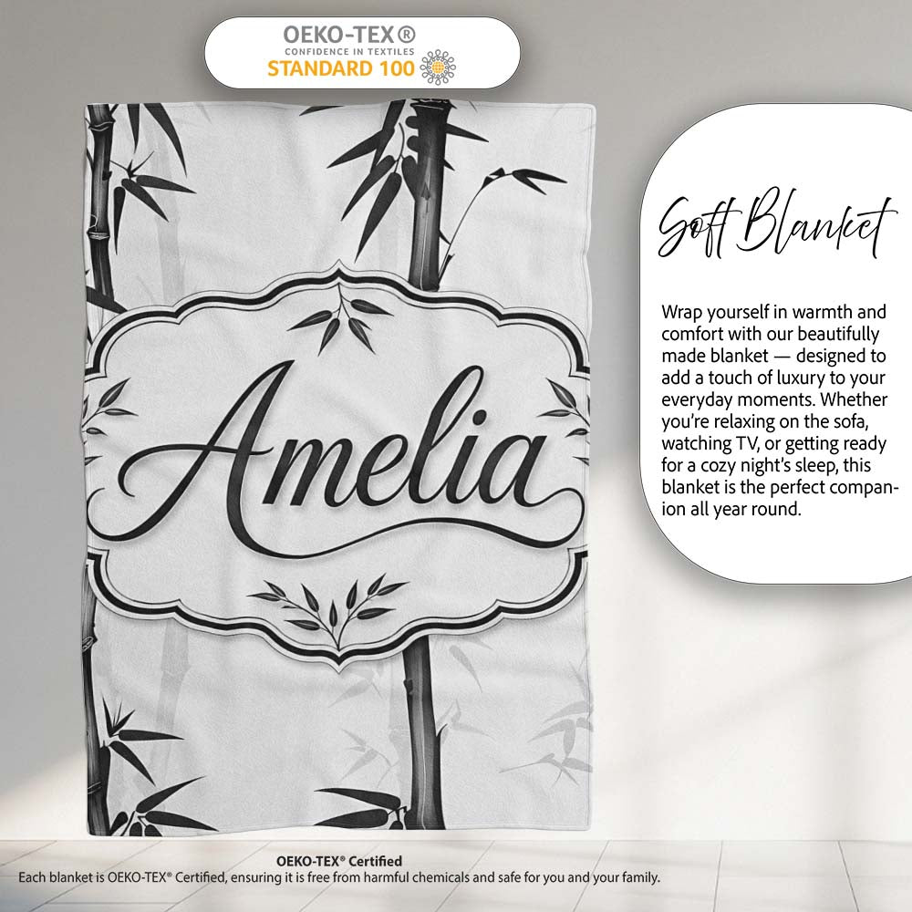 Minimalist Black Bamboo with Soft Mist Background Japanese Ink Style  Personalised Custom Name Super Soft Fleece Blanket Bed Sofa Throw