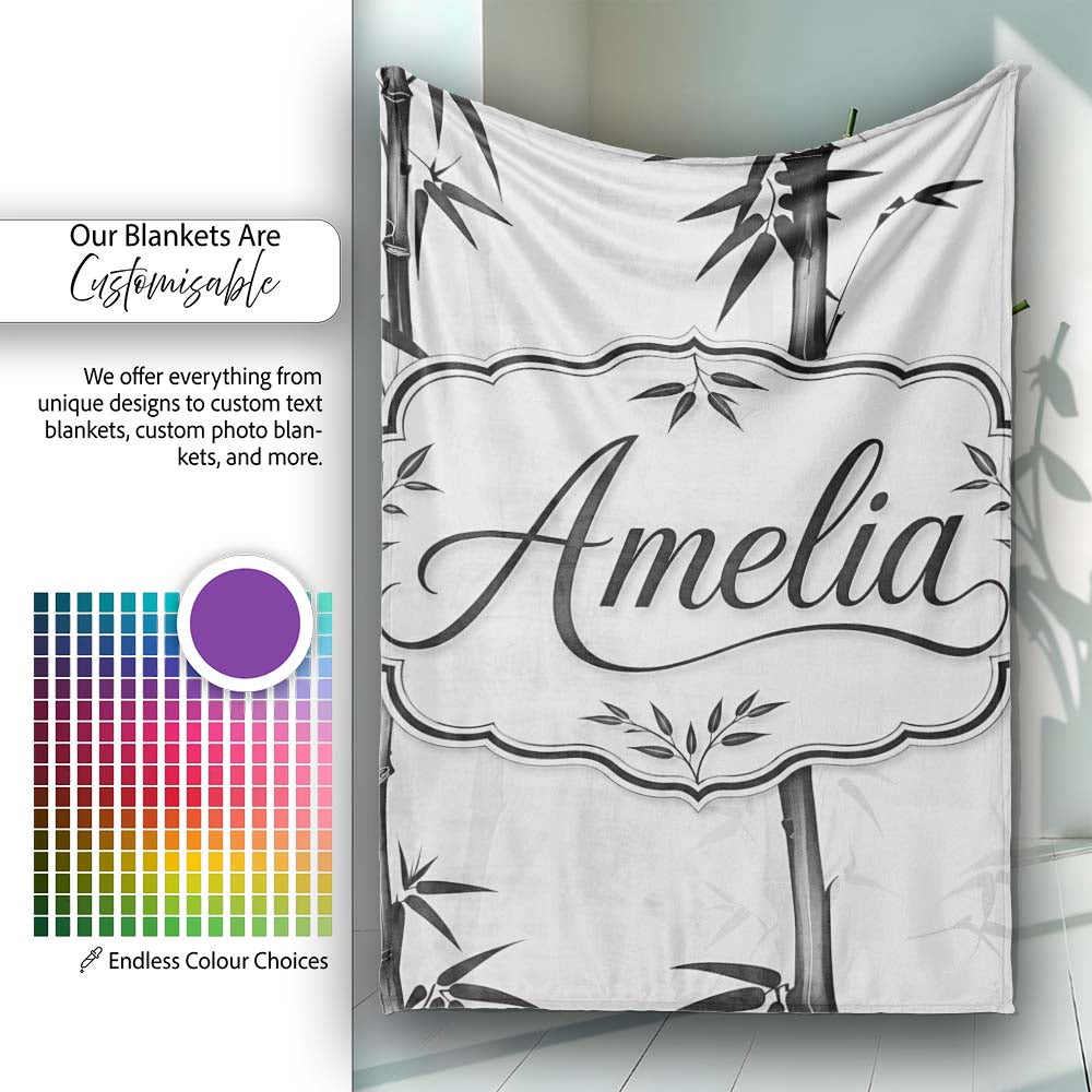 Minimalist Black Bamboo with Soft Mist Background Japanese Ink Style  Personalised Custom Name Super Soft Fleece Blanket Bed Sofa Throw