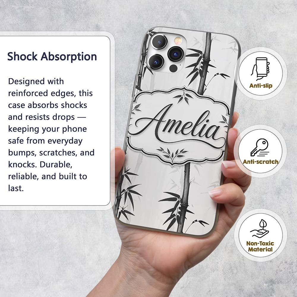 Minimalist Black Bamboo with Soft Mist Background Custom Name Protective Phone Case Mobile Cover Durable Everyday Smartphone Shock Resistant