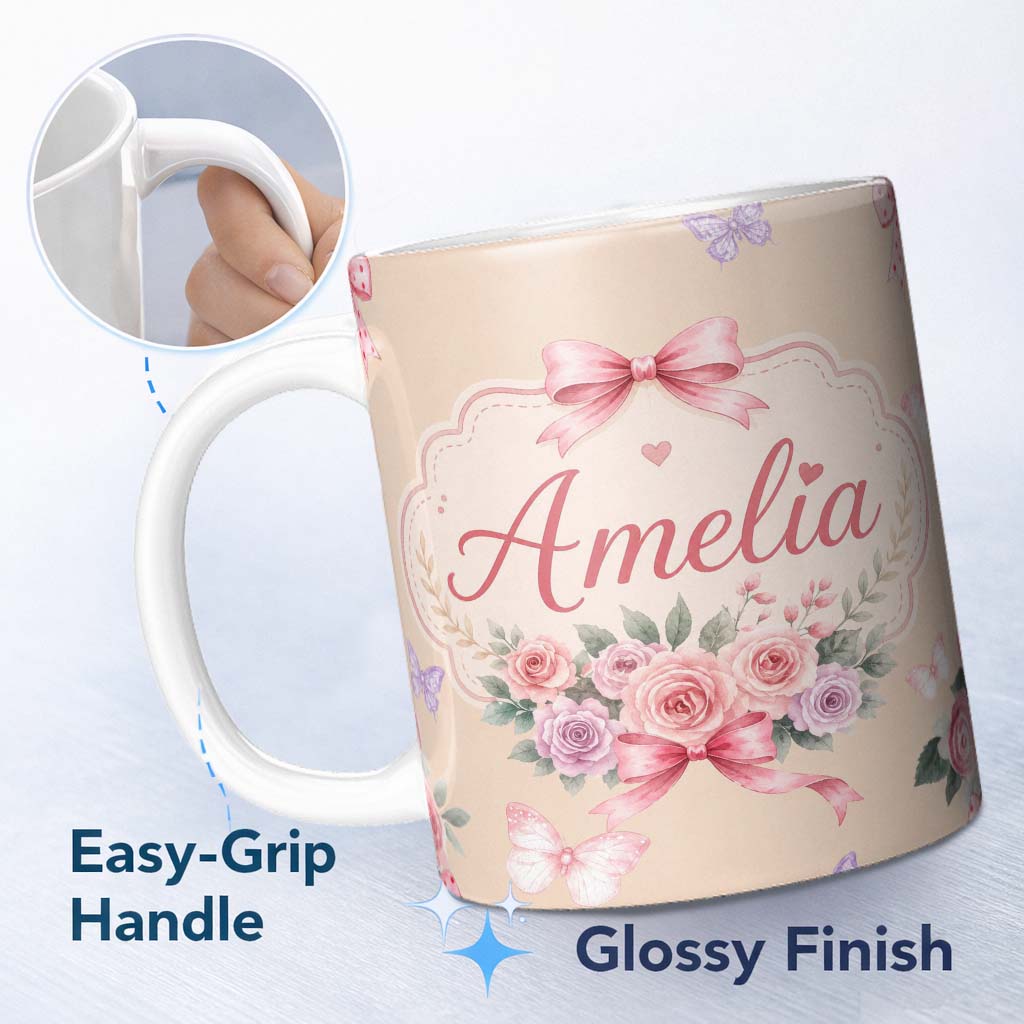 Personalized Custom Name Elegant Watercolor Rose Bouquet Ribbon Butterfly Warm Beige Lovely 11oz Ceramic Coffee Tea Mug White Large Handle