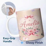 Personalized Custom Name Elegant Watercolor Rose Bouquet Ribbon Butterfly Warm Beige Lovely 11oz Ceramic Coffee Tea Mug White Large Handle