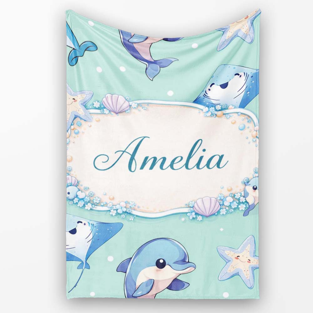 Cute Dolphin Stingray Starfish Cartoon Sea Life Pattern Mint Lovely  Personalised Custom Name Super Soft Fleece Blanket Bed Sofa Throw