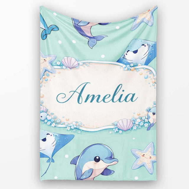 Cute Dolphin Stingray Starfish Cartoon Sea Life Pattern Mint Lovely  Personalised Custom Name Super Soft Fleece Blanket Bed Sofa Throw