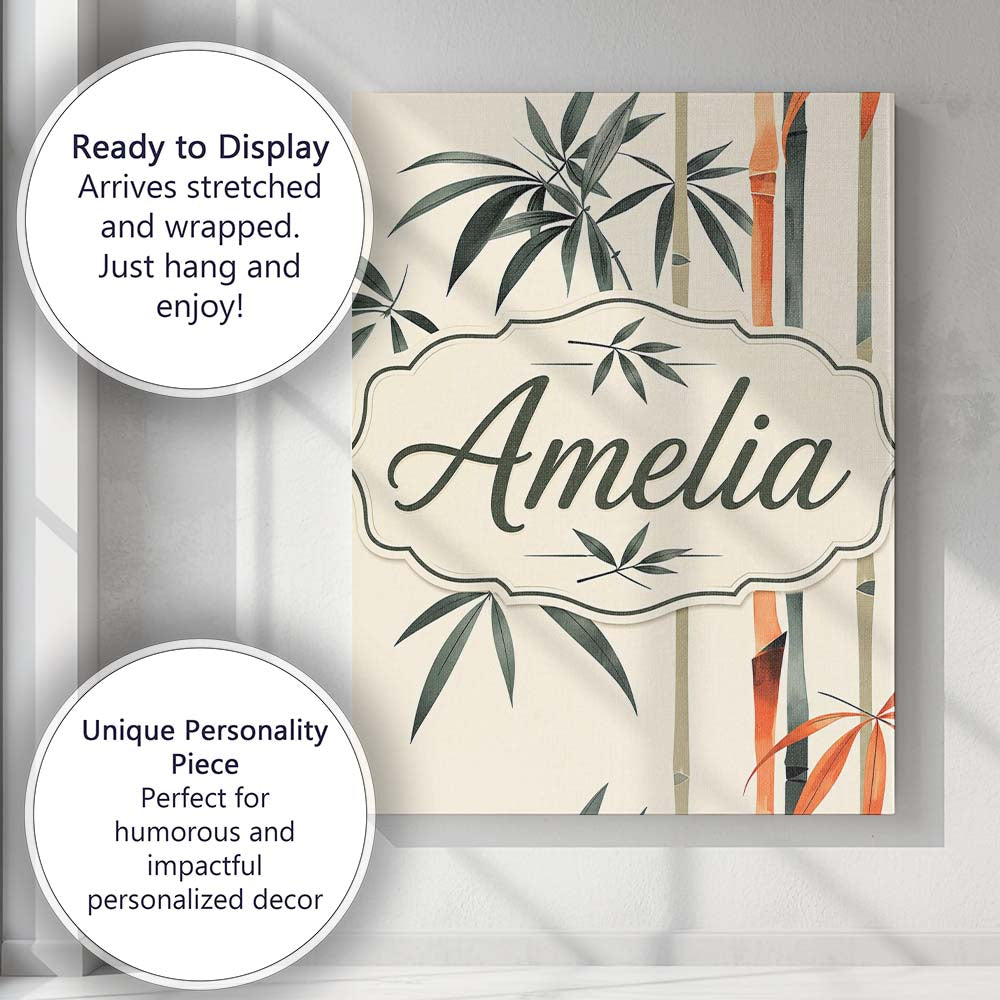 Personalised Name Artistic Bamboo Leaves Custom  Unique Gift Idea Elegant Feature Canvas Wall Art Print Decor Picture Ready to Hang
