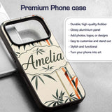 Artistic Bamboo Leaves and Stems Printed Design Custom Name Protective Phone Case Mobile Cover Durable Everyday Smartphone Shock Resistant