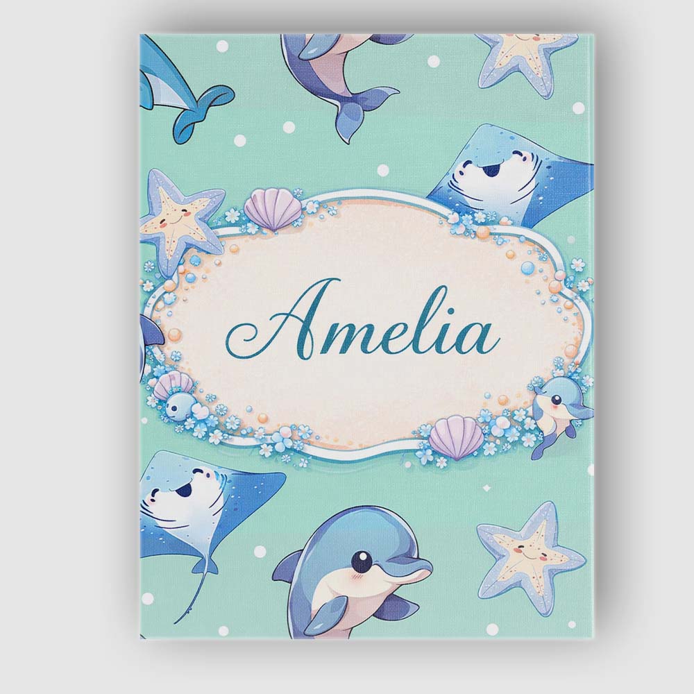 Personalised Name Cute Dolphin Stingray Starfish Cartoon Sea Life Custom  Bespoke Canvas Wall Art Print Decor Picture Ready to Hang