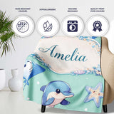 Cute Dolphin Stingray Starfish Cartoon Sea Life Pattern Mint Lovely  Personalised Custom Name Super Soft Fleece Blanket Bed Sofa Throw