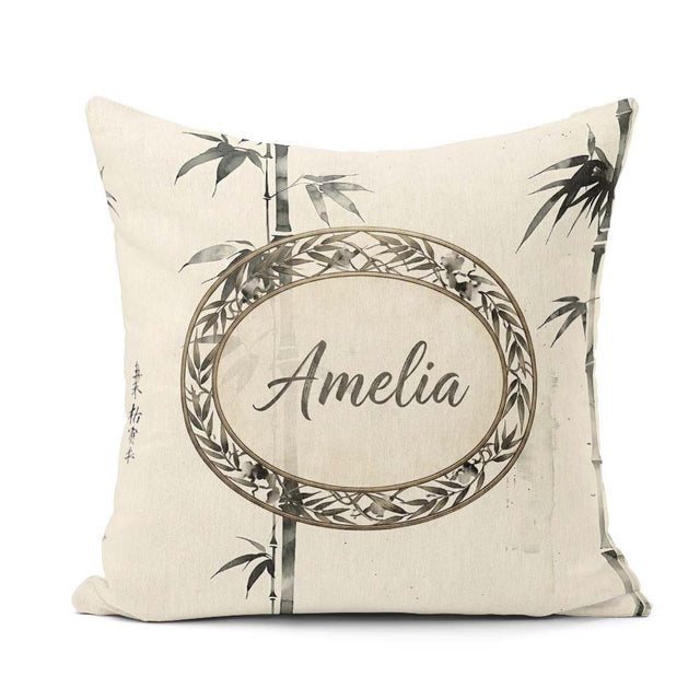 Custom Name Traditional Ink Bamboo Branch on Textured Background Square Filled Cushion Throw Pillow Sofa Bed Home Decor Zip Washable UK Made