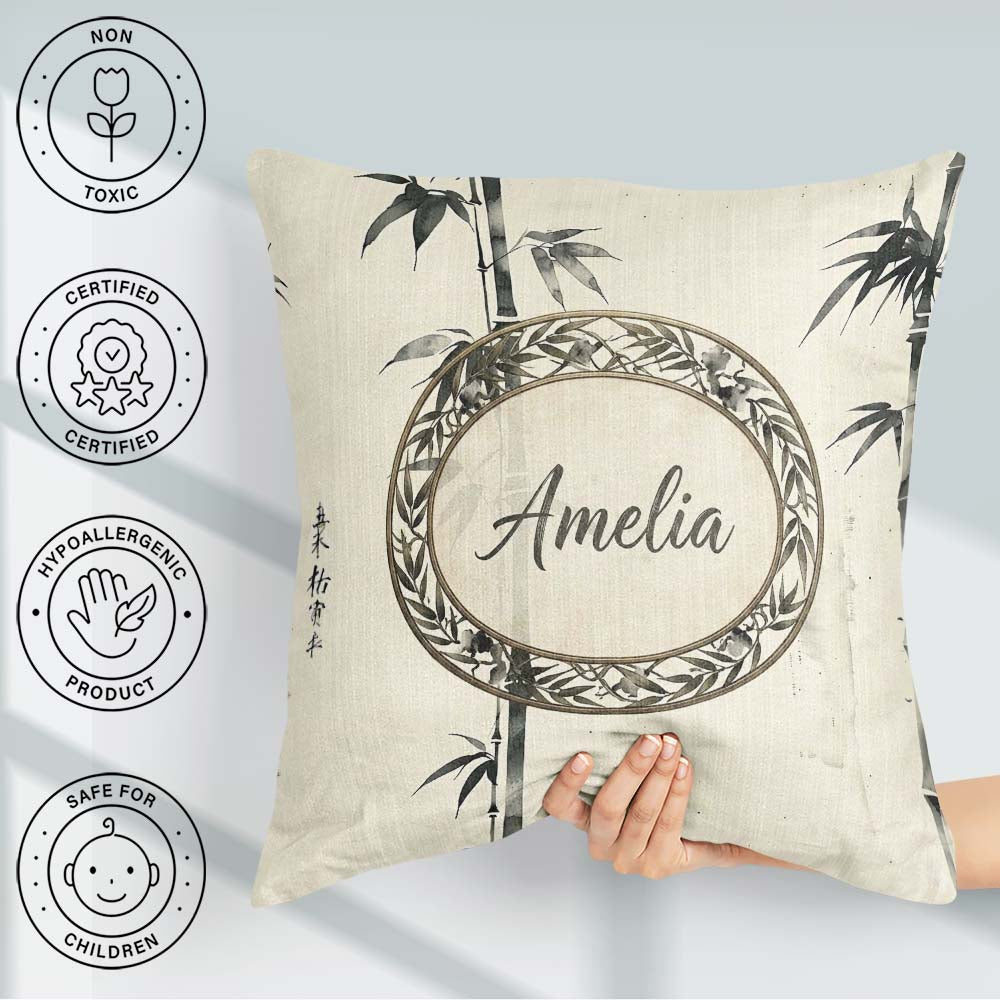 Custom Name Traditional Ink Bamboo Branch on Textured Background Square Filled Cushion Throw Pillow Sofa Bed Home Decor Zip Washable UK Made