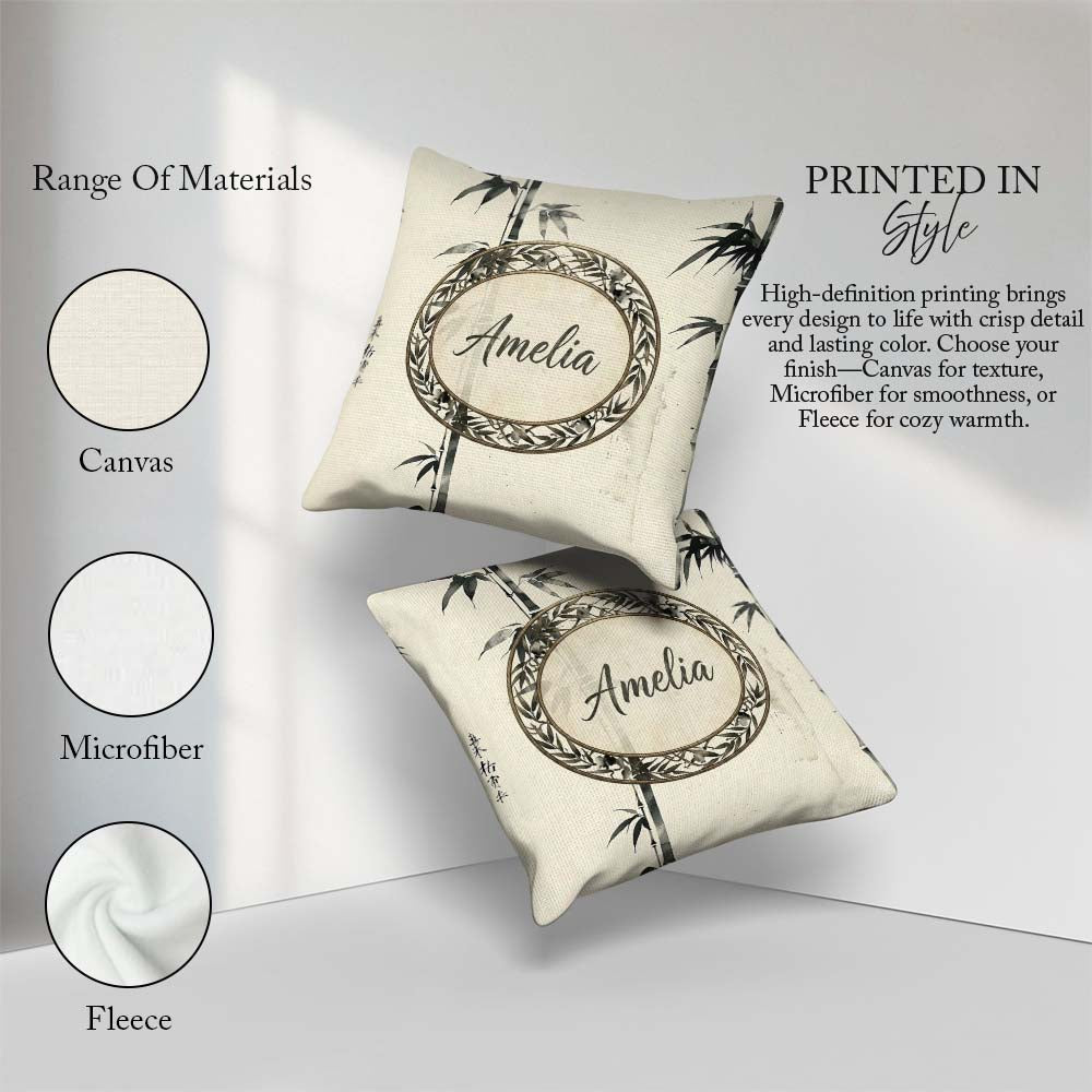 Custom Name Traditional Ink Bamboo Branch on Textured Background Square Filled Cushion Throw Pillow Sofa Bed Home Decor Zip Washable UK Made