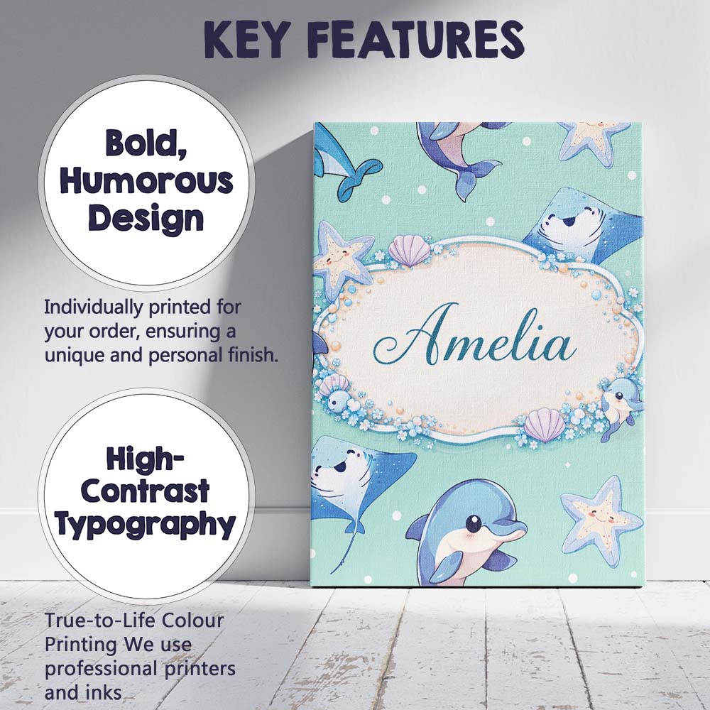 Personalised Name Cute Dolphin Stingray Starfish Cartoon Sea Life Custom  Bespoke Canvas Wall Art Print Decor Picture Ready to Hang