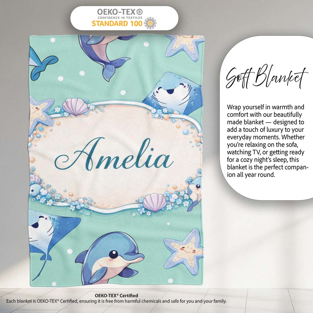 Cute Dolphin Stingray Starfish Cartoon Sea Life Pattern Mint Lovely  Personalised Custom Name Super Soft Fleece Blanket Bed Sofa Throw