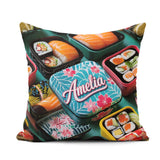 Custom Name Sushi Bento Boxes with Salmon and Rolls Pattern Food Square Filled Cushion Throw Pillow Sofa Bed Home Decor Zip Washable UK Made