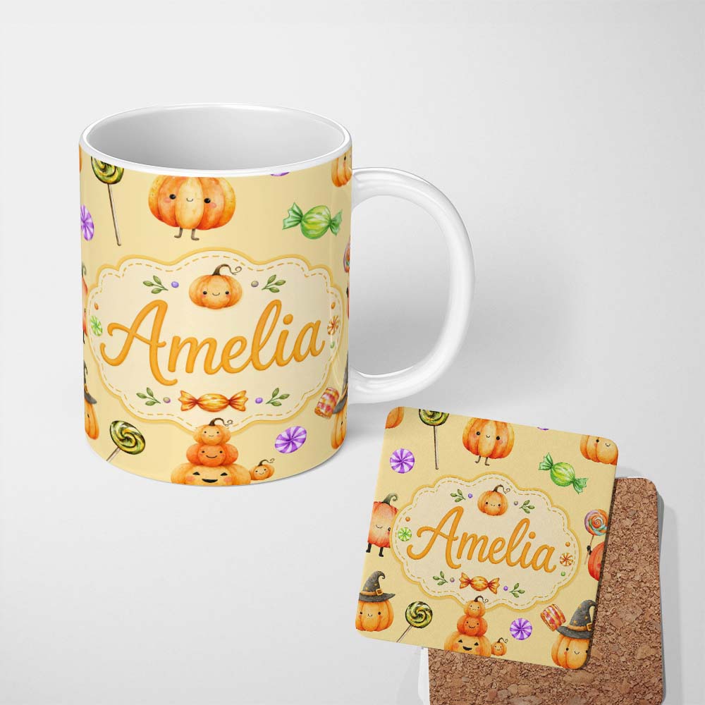 Personalized Custom Name Cute Halloween Pumpkin Candy Characters Warm Beige Background 11oz Ceramic Coffee Tea Mug White Large Handle