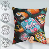 Custom Name Sushi Bento Boxes with Salmon and Rolls Pattern Food Square Filled Cushion Throw Pillow Sofa Bed Home Decor Zip Washable UK Made