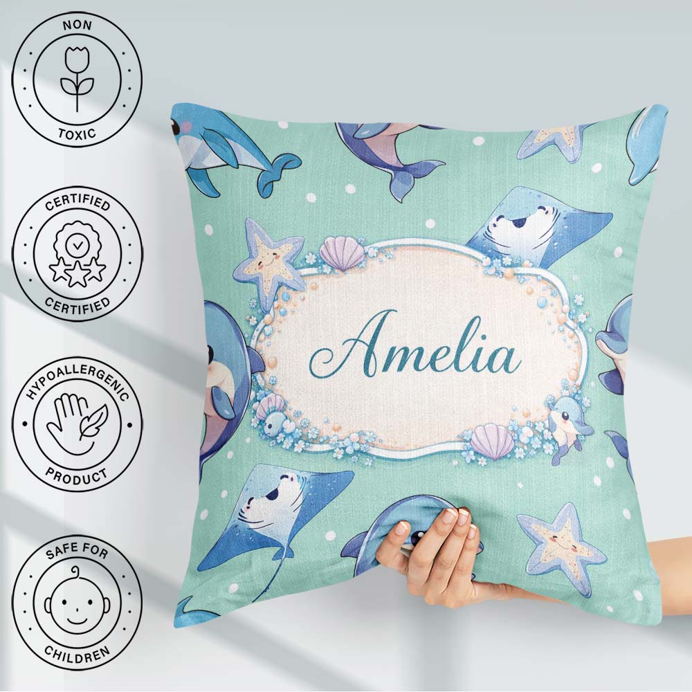 Custom Name Cute Dolphin Stingray Starfish Cartoon Sea Life Mint Square Filled Cushion Throw Pillow Sofa Bed Home Decor Zip Washable UK Made