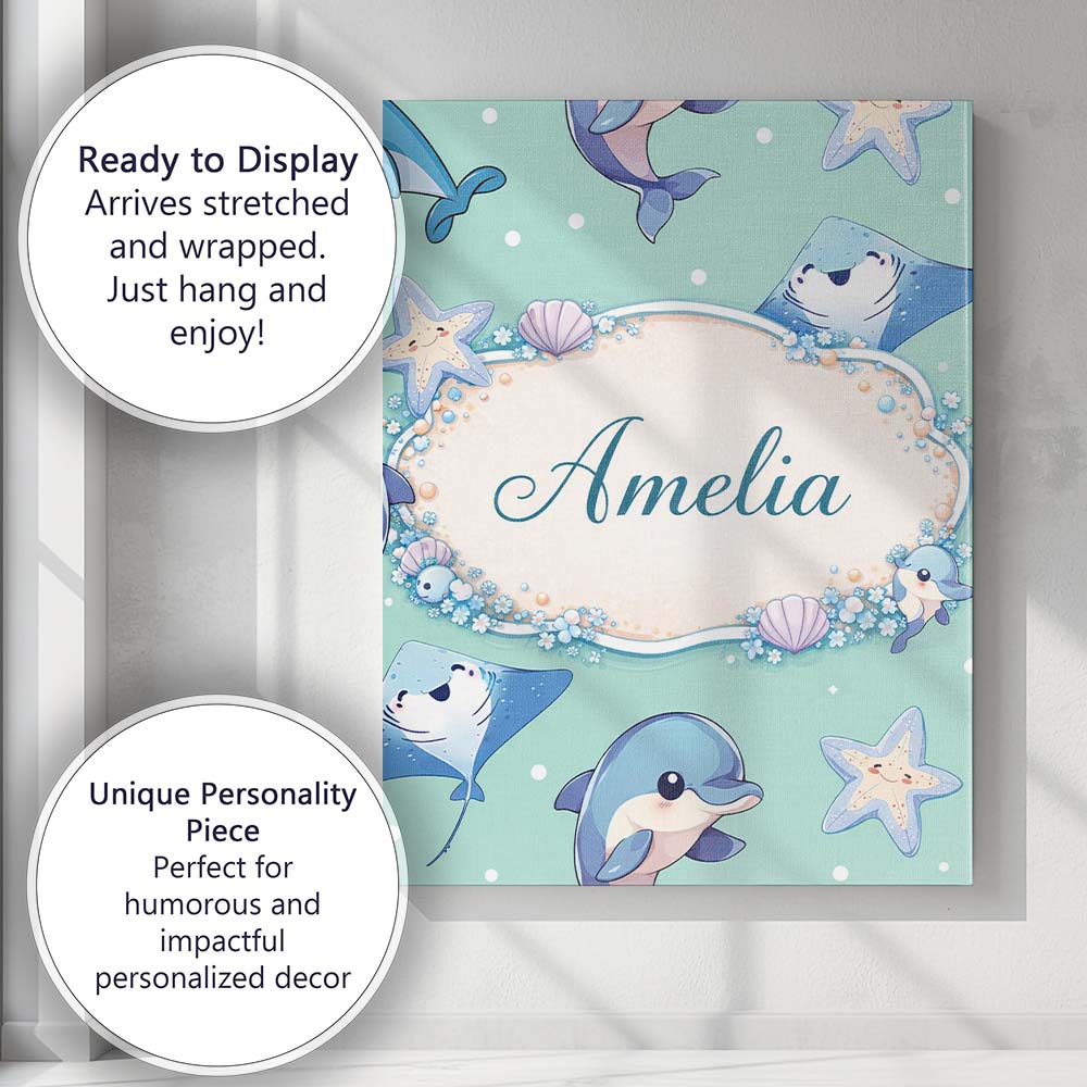 Personalised Name Cute Dolphin Stingray Starfish Cartoon Sea Life Custom  Bespoke Canvas Wall Art Print Decor Picture Ready to Hang