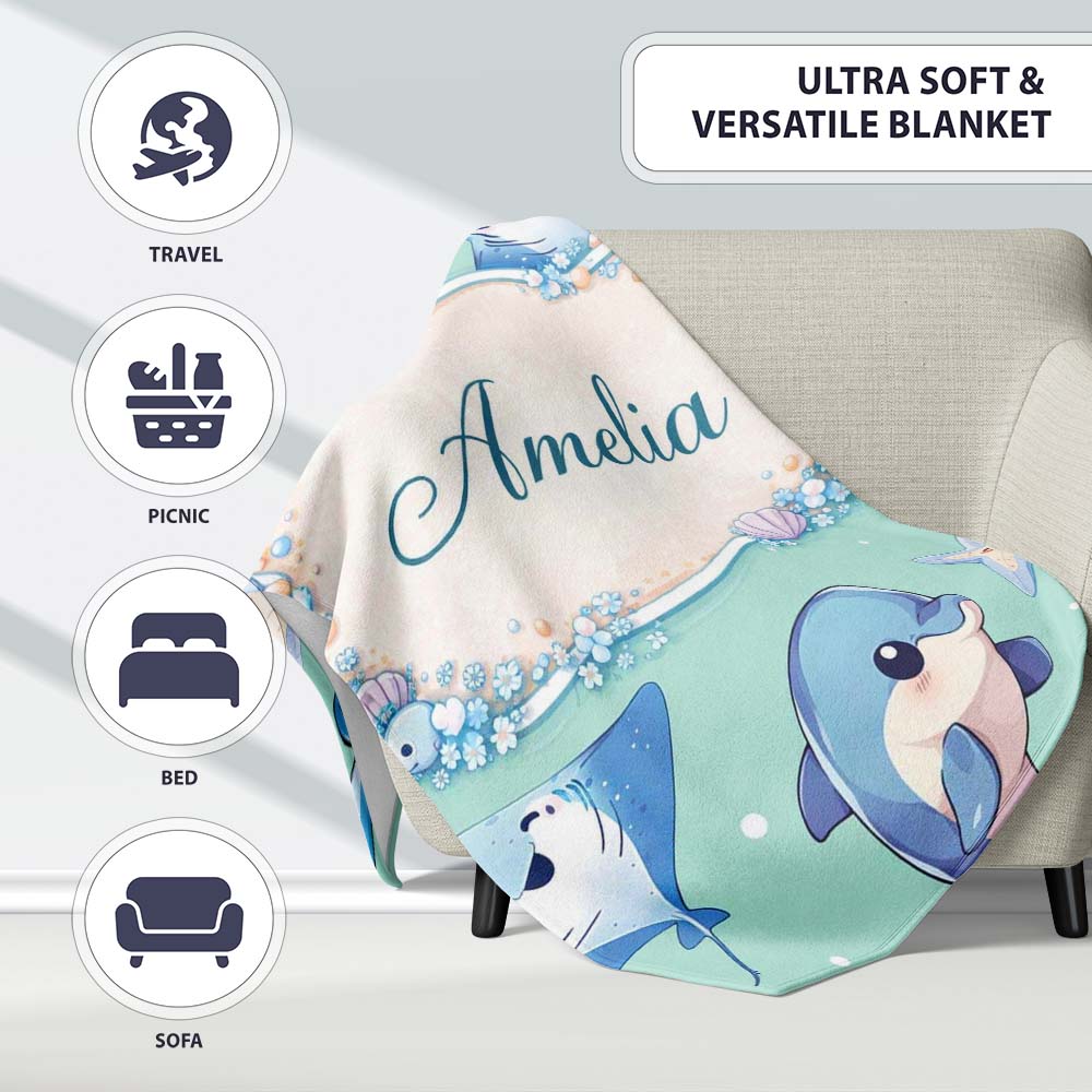 Cute Dolphin Stingray Starfish Cartoon Sea Life Pattern Mint Lovely  Personalised Custom Name Super Soft Fleece Blanket Bed Sofa Throw