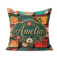 Custom Name Japanese Floral Bento Box Pattern Vibrant Decorative Square Filled Cushion Throw Pillow Sofa Bed Home Decor Zip Washable UK Made