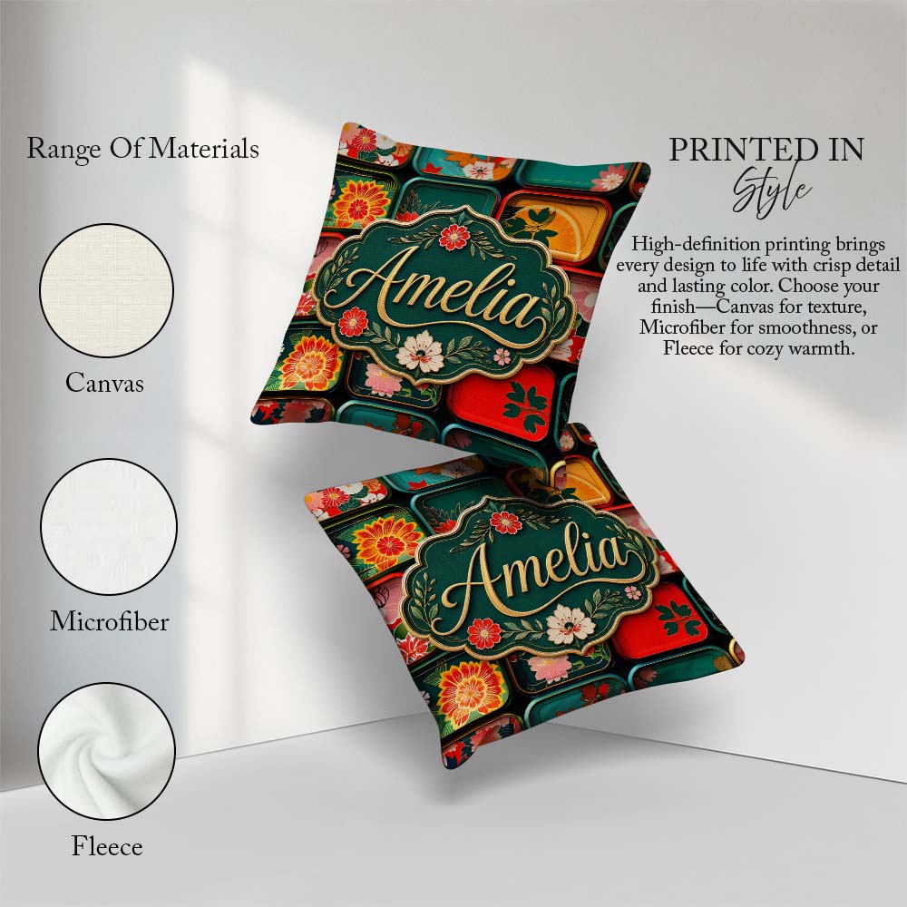 Custom Name Japanese Floral Bento Box Pattern Vibrant Decorative Square Filled Cushion Throw Pillow Sofa Bed Home Decor Zip Washable UK Made
