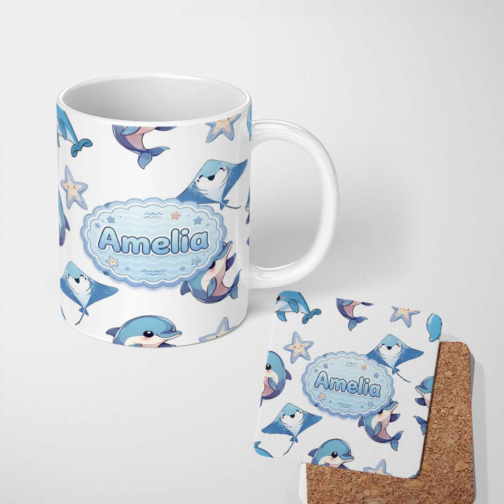 Personalized Custom Name Cute Dolphin Stingray Starfish Ocean Sea Life Light Grey Background 11oz Ceramic Coffee Tea Mug White Large Handle
