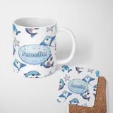 Personalized Custom Name Cute Dolphin Stingray Starfish Ocean Sea Life Light Grey Background 11oz Ceramic Coffee Tea Mug White Large Handle