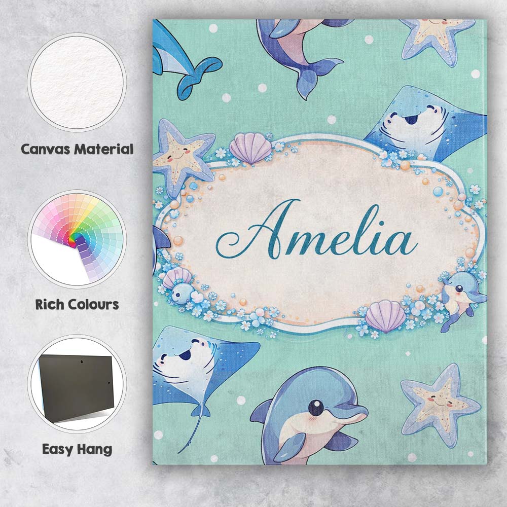 Personalised Name Cute Dolphin Stingray Starfish Cartoon Sea Life Custom  Bespoke Canvas Wall Art Print Decor Picture Ready to Hang